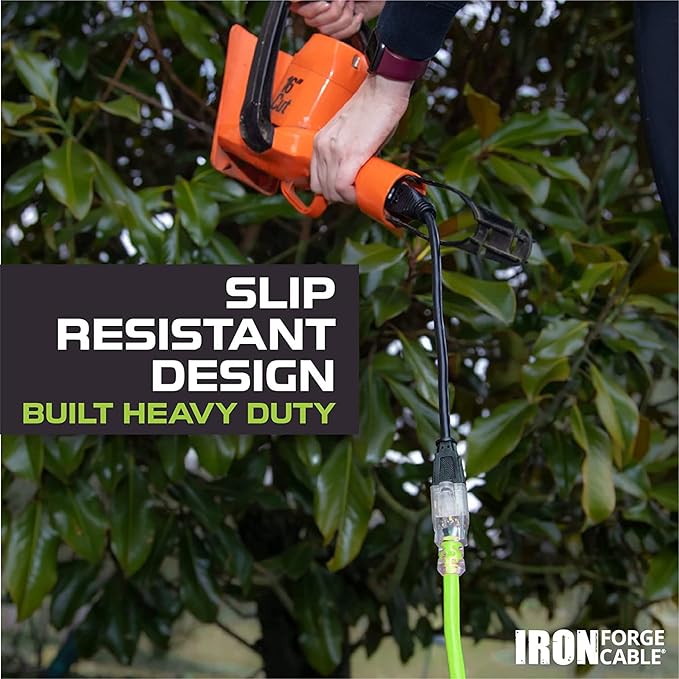 Iron Forge Cable Weatherproof 50 Ft Outdoor Extension Cord - 16/3 SJTW 13 Amp Heavy Duty Neon Green High Visibility Cable with 3 Prong - Lighted End