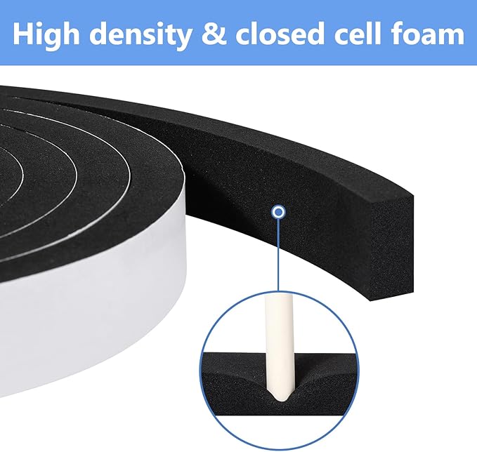 Weather Stripping Door Seal Strip (3/5 Inch X 1/4 Inch X 16Feet), Strong Adhesive, Lightproof, Soundproof, Weatherproof Foam Tape Insulation for Sliding Door, Front Door Frame, Windows- Black