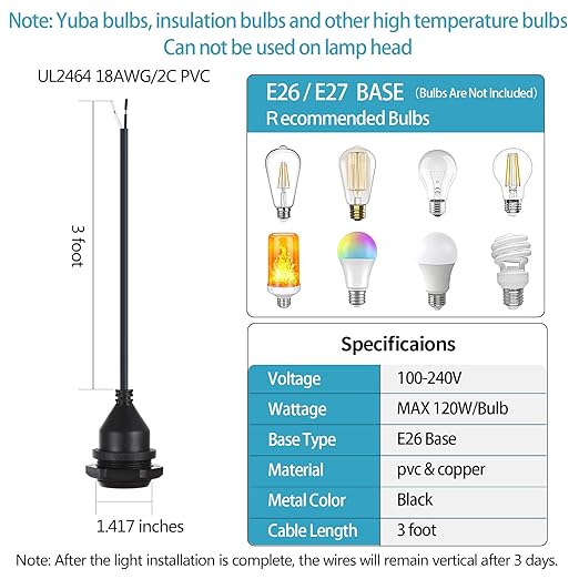 Light Socket with Cord Outdoor Light Socket Wire with E26/E27 Socket Light Bulb Socket with Cord Temporary Construction Lighting Waterproof Socket (6 Pack) 3Foot 20Awg MA6009