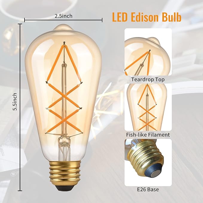 OMED LED Edison Bulb Dimmable Amber Glass, 60 Watt Equivalent LED Light Bulbs Soft White, ST64 E26 Bulb 60W 2700K, Vintage Spiral Filament LED Bulbs with Teardrop Top, 600LM,UL Listed, 2 Pack