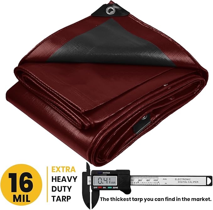PROTARP Extra Heavy Duty 16 Mil Tarp Cover, Waterproof, UV Resistant, Rip and Tear Proof, Poly Tarpaulin with Reinforced Edges for Roof, Camping, Patio, Pool, Boat. (Maroon/Black 25′ X 45′)