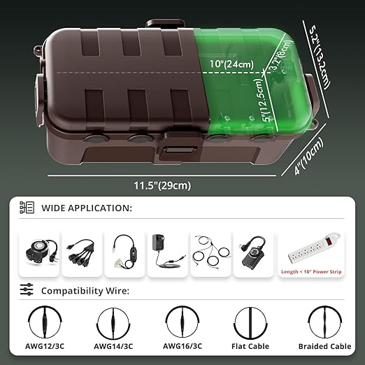 QUOBAS Outdoor Waterproof Electrical Box with 6 Cable Ports, IP54 Weatherproof Heavy-Duty Extension Cord Cover for Power Strips, Garden Power Tools, Holiday Lights, Brown