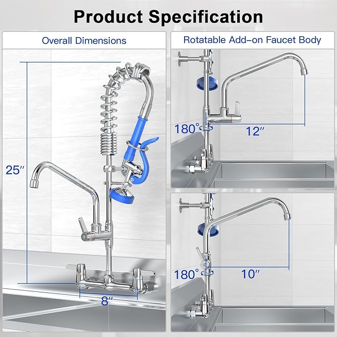 Commercial Faucet with Sprayer 25" Height 8" Adjustable Center 10" Swing Spout,Brass Constructed Wall Mount Kitchen Sink Faucet with Pull Down Pre-Rinse Sprayer for 1/2/3 Compartment Sink