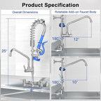 Commercial Faucet with Sprayer 25" Height 8" Adjustable Center 10" Swing Spout,Brass Constructed Wall Mount Kitchen Sink Faucet with Pull Down Pre-Rinse Sprayer for 1/2/3 Compartment Sink