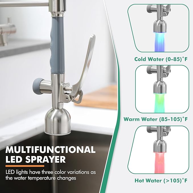 GIMILI Kitchen Faucet with LED Single Handle Kitchen Sink Faucet with Pull Down Sprayer Commercial Double-Headed Stainless Steel Kitchen Faucets Sink with Deck Plate, Brushed Nickel