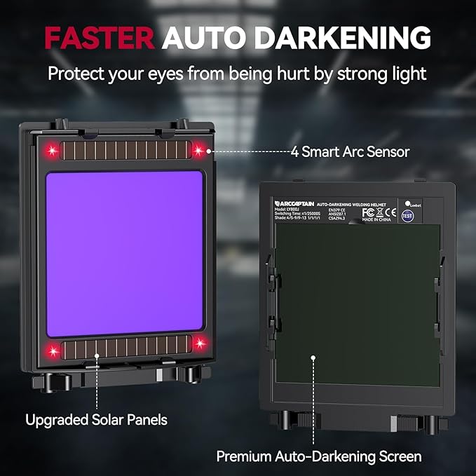 ARCCAPTAIN Auto Darkening Welding Helmet with Side View, 180° Panoramic View, 1/1/1/1 True Color Large Viewing Welding Hood with 4 Arc Sensor Solar Powered, Wide Shade 4/5-9/9-13 for TIG MIG ARC CUT