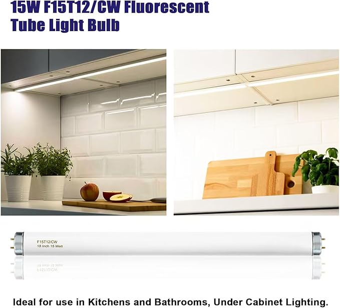 F15T12-CW Cool White 15 Watt Light Bulbs, T12 15 Watt Fluorescent Bulb 18 Inches, Cool White G13 Cap 825 Lumens 4 Pack