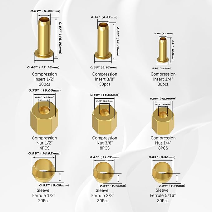 180 PCS Compression Fittings Assortment kit - 3 sizes (1/4", 3/8", 1/2") of Brass Compression Sleeve Ferrule, Insert and Nuts,Used to Connect Lines for Air,Water,Fuel,Oil and Inert Gases