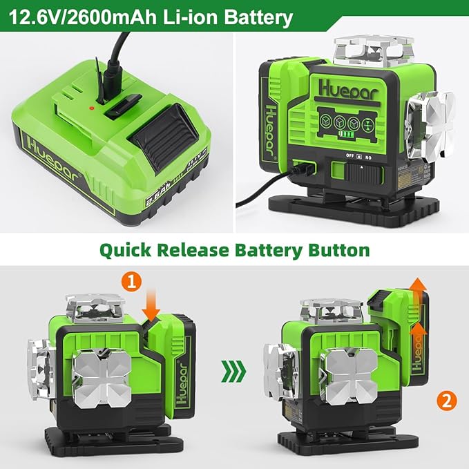 Outdoor Laser Level 360 Self leveling with Laser Level Receiver, 4x360 Green Cross Line Laser with Bluetooth, Huepar P04CG＆LR-8RG, Laser Class: Class II (IEC/EN60825-1/2014), 1mW power output