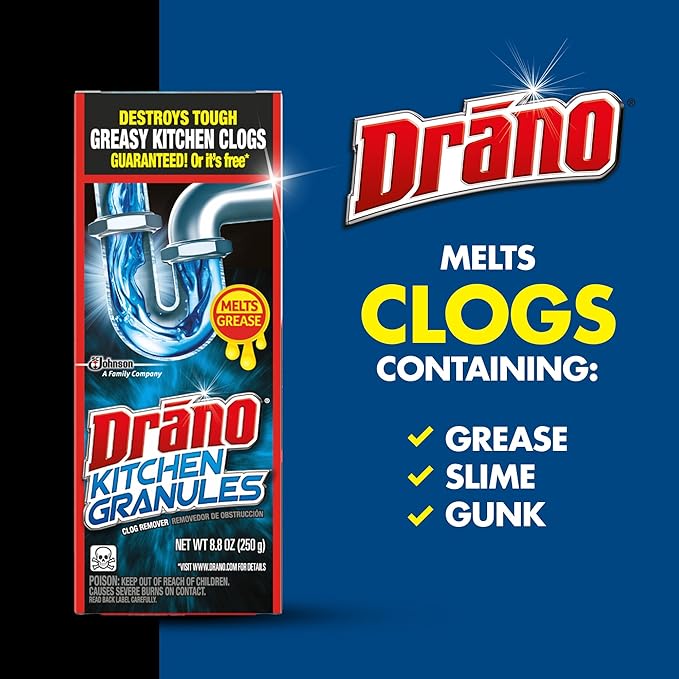 Drano Kitchen Granules Drain Clog Remover and Cleaner, Unclogs Blockage from Grease or Cooking Oil, 8.8 oz (Pack of 3)