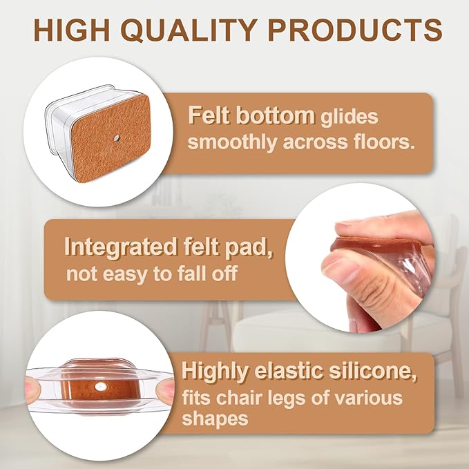 28Pcs Chair Leg Floor Protectors Rectangle for Hardwood Floors Silicone Caps Covers Felt Furniture Pads Clear Chair Sliders, Protect The Floor from Scratches(Fit Perimeter ６'' to 8'')