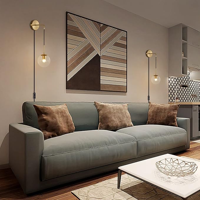 KCO Modern Globe Wall Sconce with Plug in Industrial Vintage Wall Lamp On/Off Switch Minimalist 1-Light Mounted Lamps for Bedroom Living Room Corridor (Clear & 2-Pack)