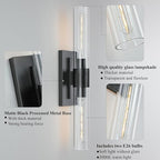 2-Light Matte Black Bathroom Light Fixtures with Glass Shades,Modern Wall Sconce for Bedroom Bath Mirror Lights.
