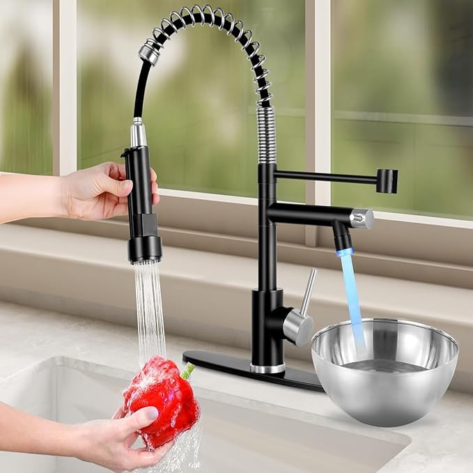 Smart Kitchen Faucet, 3 Modes Pull Down Sprayer, LED Temperature Control, Ceramic Valve,360-Degree Rotation,1 or 3 Hole Deck Plate,Double Spout. 10-Year Warranty. (KW-21NR, Brushed Nickel/Black)