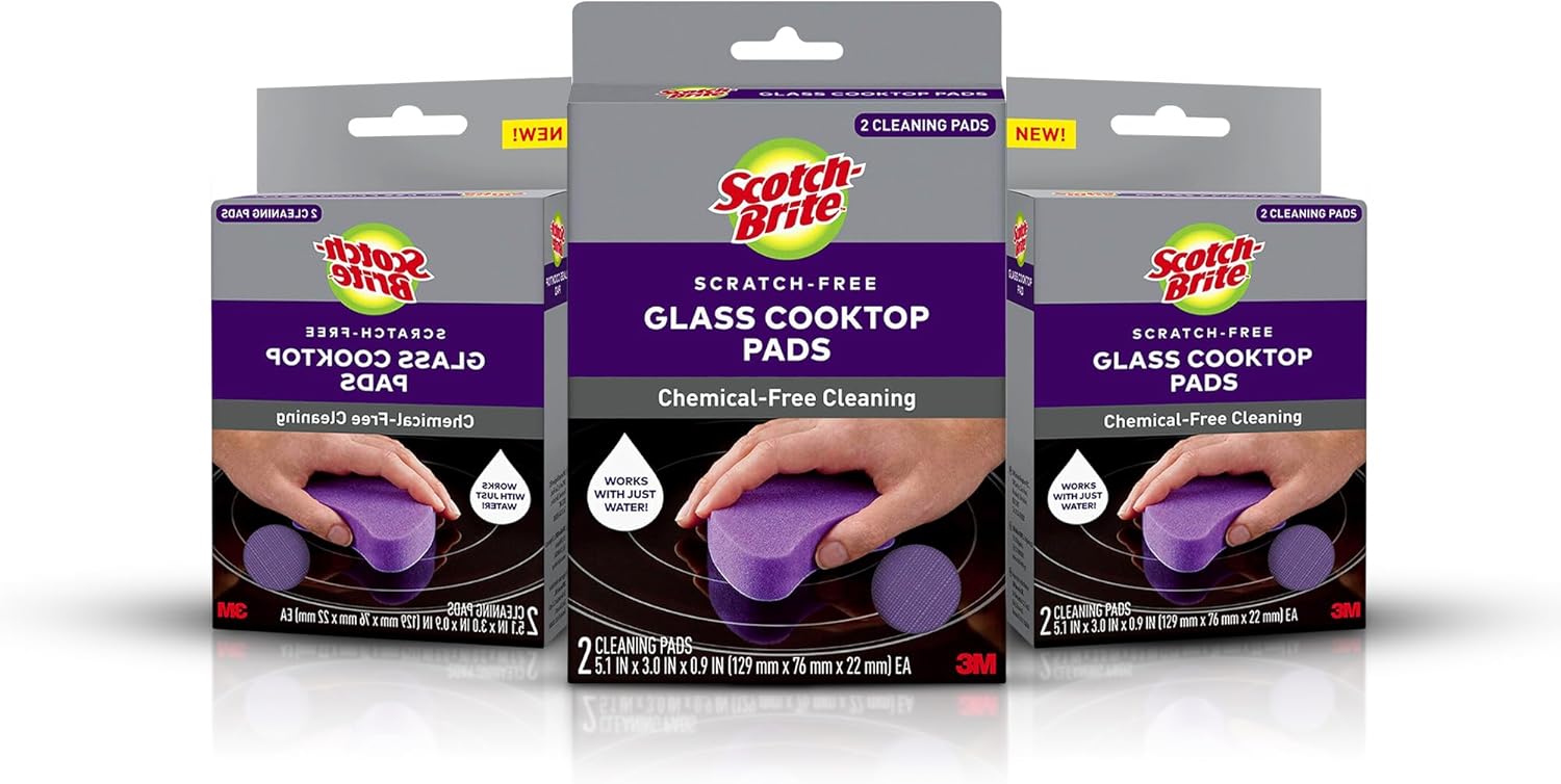Scotch-Brite Glass Cooktop Pads, Scratch-Free & Non-Abrasive Scrubbers for Glass or Ceramic Stovetops, Cleans Burnt-On Messes with Just Water, Reusable Dishwasher-Safe Design (6 Pads)