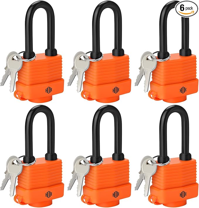 HOX 6-Pack Weather Resistant Padlocks – 40mm Laminated Steel, Chrome Plated with 2-inch Shackle, Vinyl Wrapped, Hardened Steel for Extra Security
