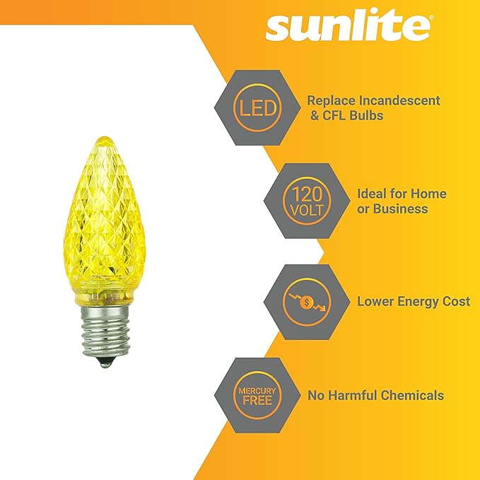 Sunlite 80709 LED C9, Holiday Decorative Light Bulb, 0.4 Watts, E17 Intermediate Base, Faceted Christmas-Lights; Nightlight, Yellow, 6 Count