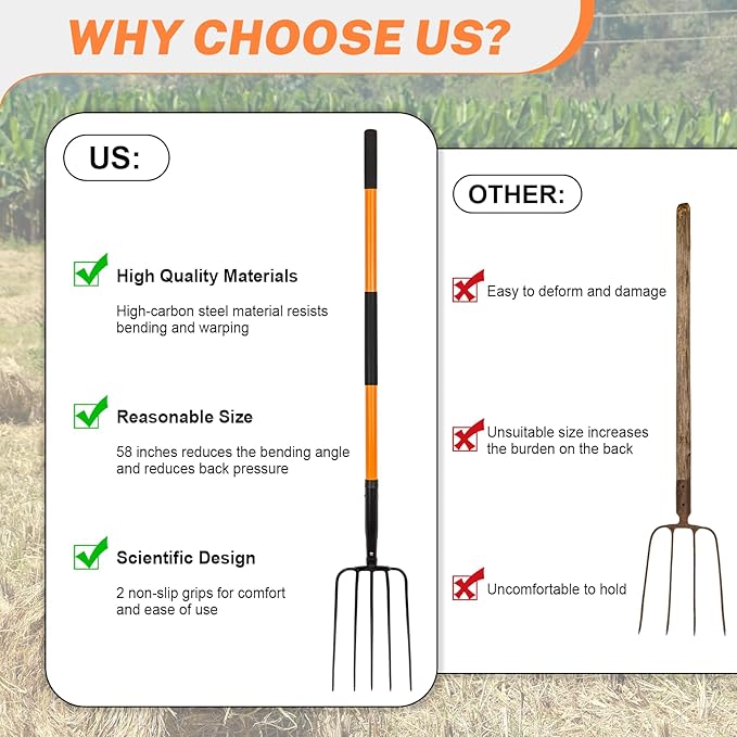 5 Tine Pitchfork for Gardening, Heavy Duty Pitchfork with Fiberglass Handle, Garden Fork for Mulching, 58 Inches