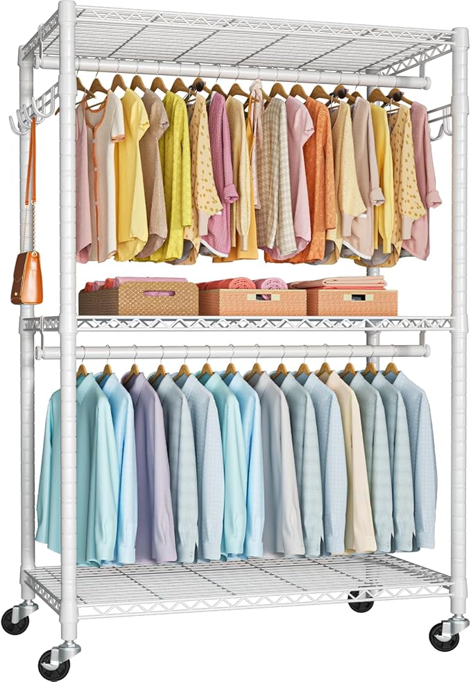 FUTASSI P1 Plus Rolling Clothes Rack, 22mm Diameter Heavy Duty Garment Rack with Wheels, Portable Closet Wardrobe with Double Rods, 45" W x 17.7" D x 80.5" H, Max Load 524 LBS, White