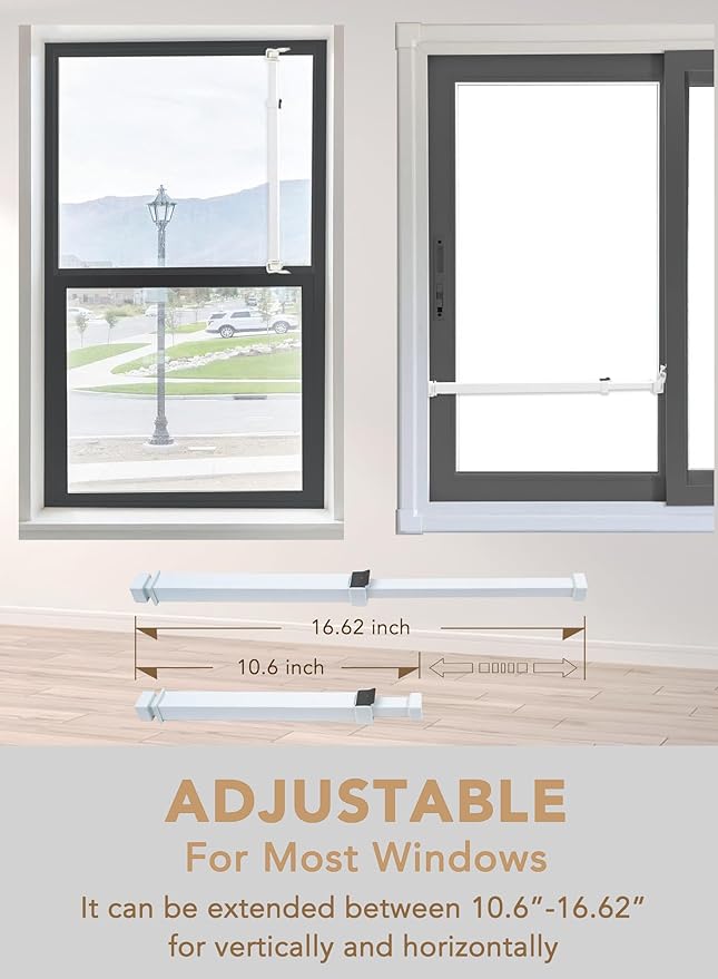 Greatim GT-DB005 Home Security Window Lock, Egress Window Lock, Childproof, Locking System, AntiLift Lock, Vertical Bar, for Single Hung Windows, Window Dowel, Adjustable (10.6~16.62 inch)
