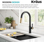 KRAUS Torak Pull Down Kitchen Faucet in Spot-Free Brushed Brass/Matte Black with 2 Function Sprayer, Pre-Attached Water Lines, and Mounting Hardware, KPF-2840SFBBMB