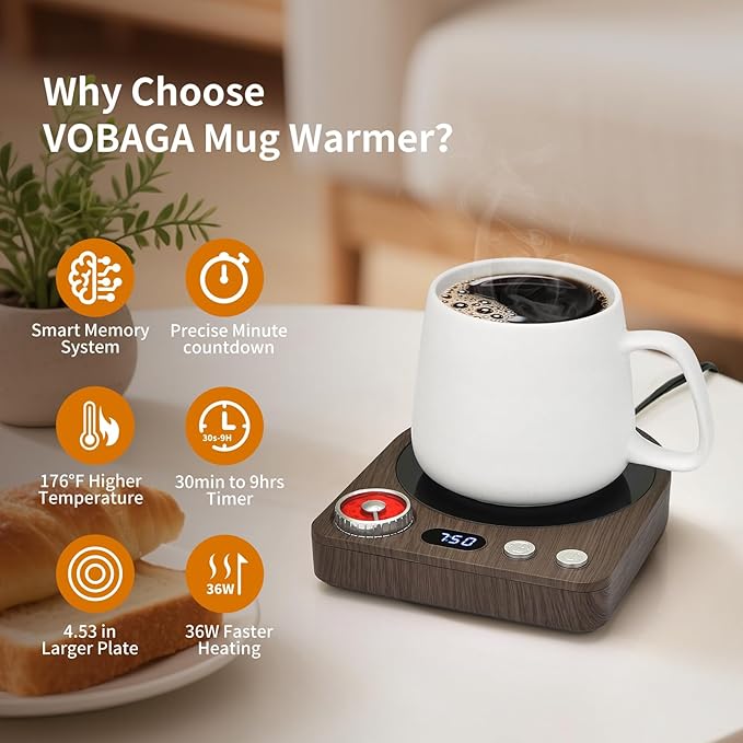 VOBAGA Coffee Mug Warmer with Smart Memory System & 9-Temperature Setting, Coffee Cup Warmer with Customize Timer & Precise Minute Timing, Suitable for Work, Reading, Sleeping