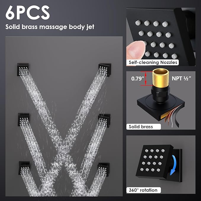 Enga Full Body Shower System with Body Jets, 12 Inch Powerful Rainfall Shower and Handheld Spray, Rough-in Mixer Valve Concealed Shower Faucet Set Complete, Matte Black