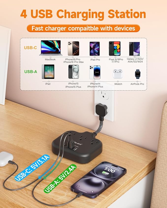 Short Extension Cord 2 inch, Short Cord Power Strip with 3 Outlets 4 USB(2 USB-C) 17W, Flat Outlet Extender, Non-Blocking, Non-Surge Protection for Cruise Travel Dorm Kitchen Bathroom, Black