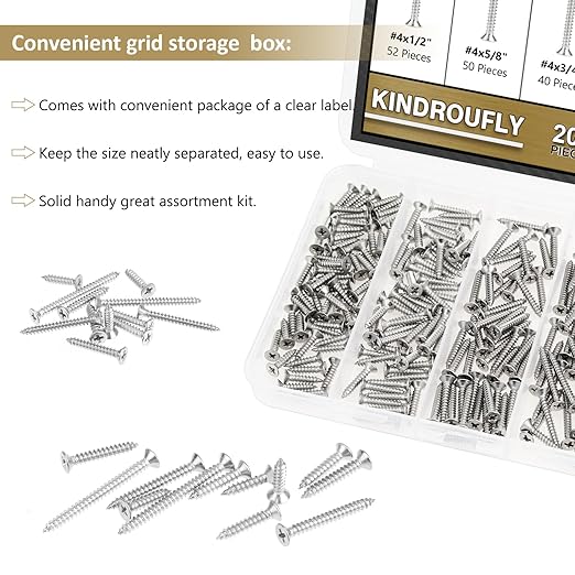 202 Pieces #4 x 1/2" 5/8" 3/4" 1" 1-1/4" Phillips Countersunk Head Self-Tapping Screws, Wood Screws Assortment Kit, 304 Stainless Steel