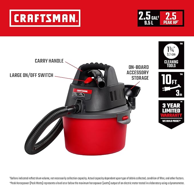 CRAFTSMAN CMXEVBE17595 16 Gal. 6.5 Peak HP Wet/Dry Shop Vacuum with Filter, Dust Bag, Hose, Attachments and CMXEVBE17250 2.5 Gal. 2.5 Peak HP Portable Vac with Filter Bag, Hose and Attachments