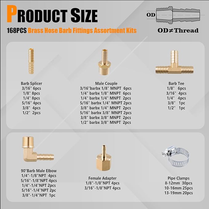 168Pcs Hose Barb Fuel Line Fittings Assortment Kit Barb Splice/Coupler/Female Adapter/Tee/90°Male Elbow Thread 1/8" 3/16" 1/4" 5/16" 3/8" 1/2" Air Hose Fitting with Pipe Clamps for Fuel