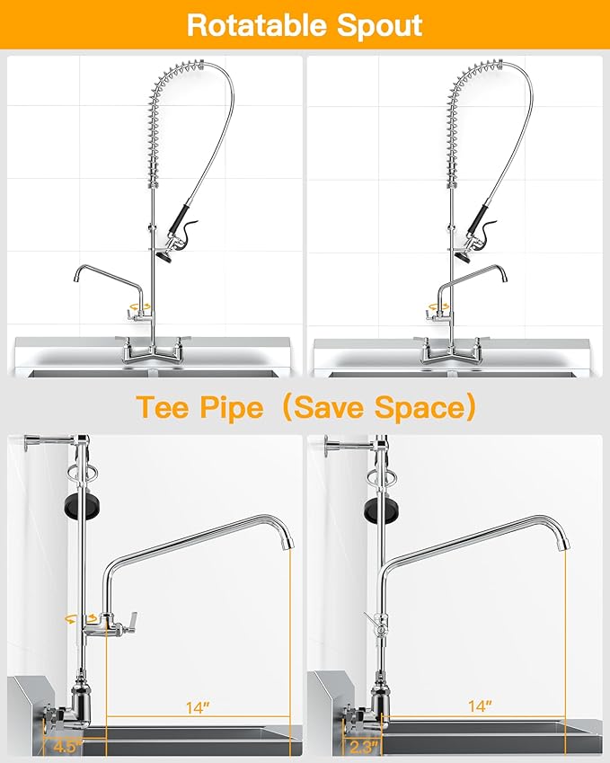 Commercial Sink Faucet Wall Mount with Pre Rinse Sprayer 8 inch Center Wall Mount Kitchen Sink Faucet 47" Height with 14" Add-on Swing Spout for 1/2/3 Compartment Sink