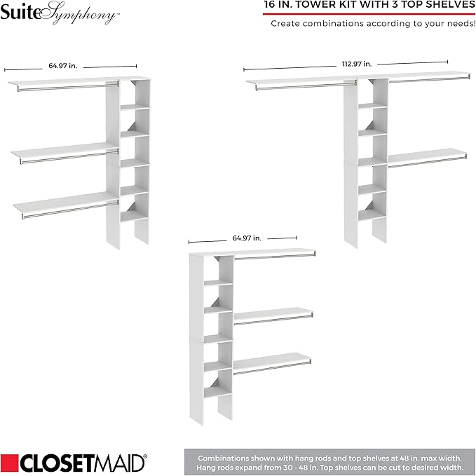 ClosetMaid SuiteSymphony Wood Closet Organizer Kit with Tower 3 Hang Rods, Top Shelves, Adjustable, Fits Spaces 5-9 ft. Wide, Graphite Grey