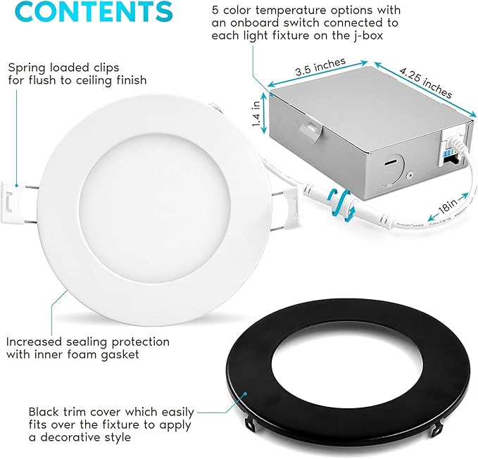 LUXRITE 4 Inch Ultra Thin LED Recessed Light with J-Box, 10W, 5 Color Options 2700K | 3000K | 3500K | 4000K | 5000K, Dimmable Wafer Lights, 750 Lumens, Black Trim, Energy Star, IC Rated (4 Pack)