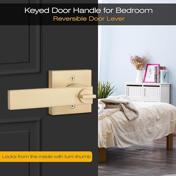EHOMEWARE 3 Pack Door Levers with Keys, Entry Exterior Door Handles in Satin Brass Finish, Heavy Duty Bedroom Bathroom Interior Door Handles Keyed Alike