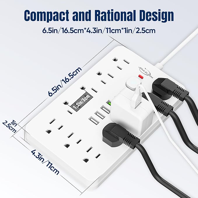 15 FT Flat Plug Surge Protector Power Strip,11 Multiple AC Outlets with 6 USB Ports (2 USB C), 15 Feet Extension Cord, 1250W/10A, One Touch Switch Button, White
