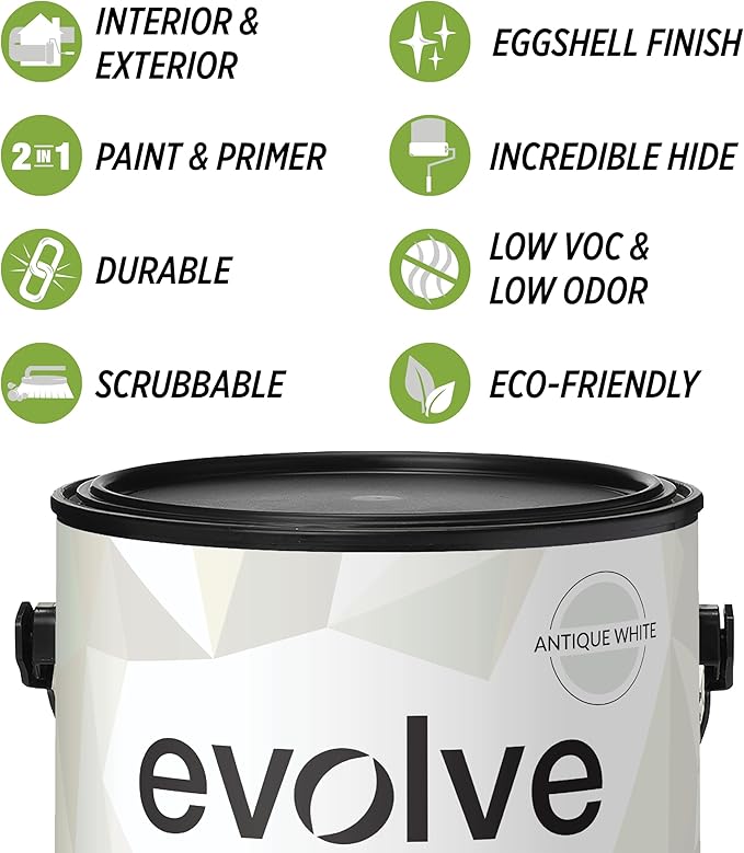 EVOLVE Paint & Primer: Environment-friendly, Low Sheen with One-coat Coverage for Interior & Exterior surfaces (Antique White, 1-Gallon)