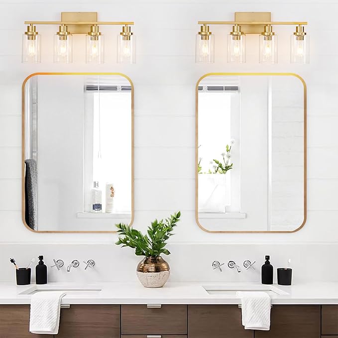 4 Light Gold Bathroom Light Fixtures Brushed Brass Vanity Light Over Mirror Modern Farmhouse Wall Lighting Sconces Wall Lamp for Bathroom, Bedroom, Living Room E26 Socket with Glass Shade