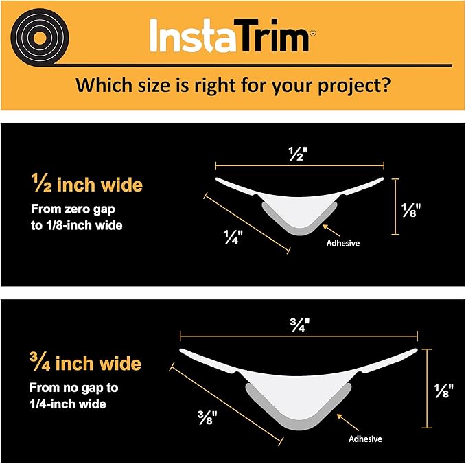 InstaTrim New & Improved Self-Adhesive Caulk Trim, 1/2" x 10', 2-Pack, Flexible, Waterproof, Stain Resistant for Bathroom, Floors, Walls, DIY Project, White