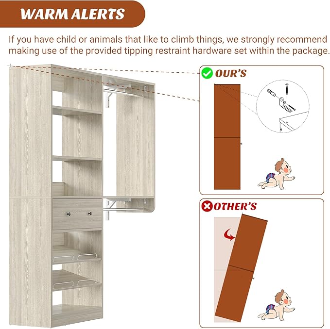 [10 FT Closet System] Reversible Set of 2 Wood Closet Organizer System with 2 Drawers, 4 Hanging Rods Adjustable Shelf, Walk In Closet Organizers with Shoe Rack, Garment Rack Clothes Rack, White Oak