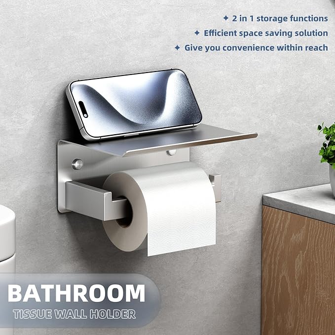 APLusee Brushed Nickel Toilet Paper Holder with Phone Shelf, 304 Stainless Steel Toilet Tissue Roll Holder, Wall Mounted Bathroom Paper Roll Dispenser