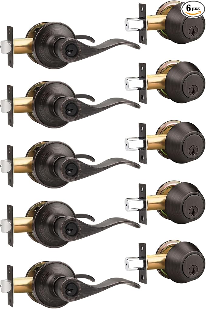 Gobrico Entry Door Handle and Single Cylinder Deadbolt Combo Locksets in Oil Rubbed Bronze, 5 Pack Keyed Alike Door Lever with Wave Style for Exterior/Front Doors