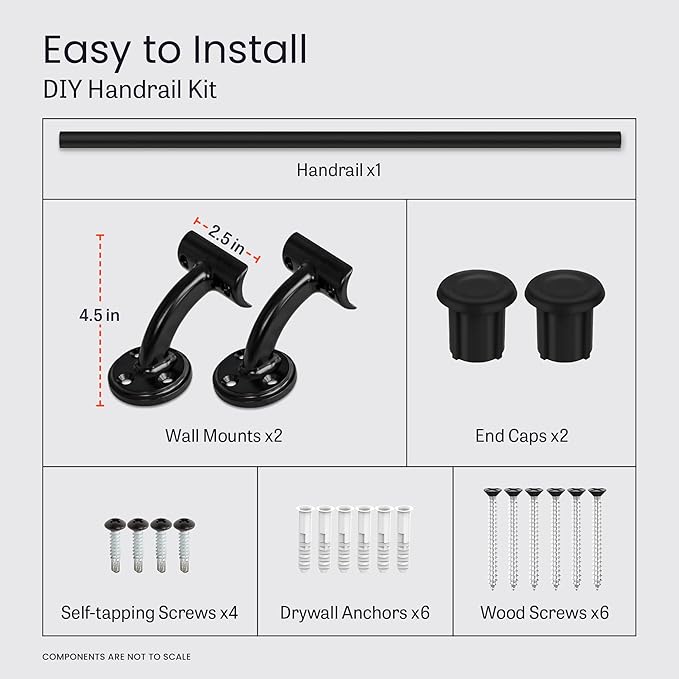 Meranti Aluminum Handrail for Indoor or Outdoor Steps and Stairs – Hand Rails for Elderly – DIY Complete Stair Railing Kit (AHR, Black, 5' Length)