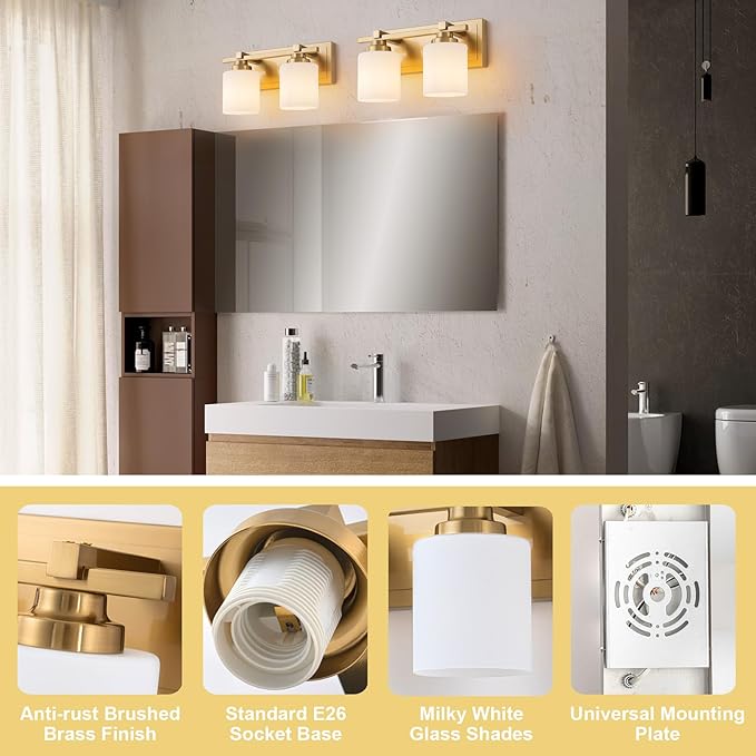 2 Light Modern Bathroom Light Fixtures Over Mirror, Brass Finish Vanity Lights for Bathroom Wall Sconces with Milky White Glass Shades, E26 Socket (Bulbs Not Included)