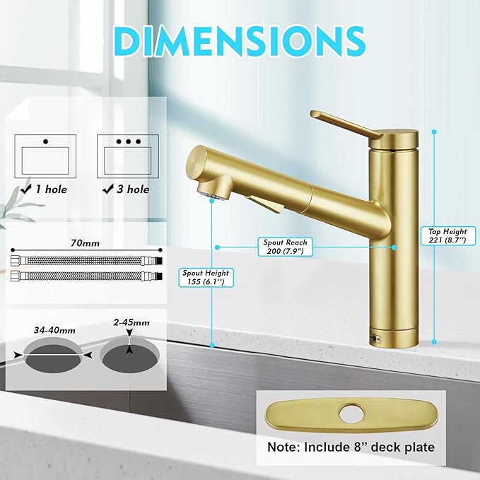 CREA Low Profile Kitchen Faucet with Pull Out Sprayer,Bar Sink Faucet Single Hole Handle,Prep Wet Bar Laundry Utility Short Small Modern Outdoor RV Gold
