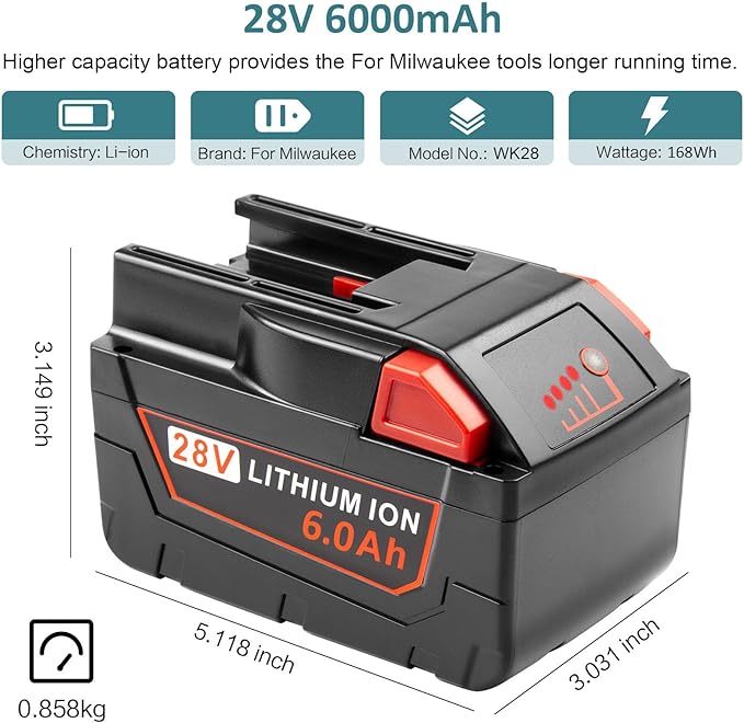 2Pack 6000mAh 28V Battery Replacement for Milwaukee M28 Battery Compatible with M28 48-11-2830, V28, M28B, M28BX Cordless Power Tools