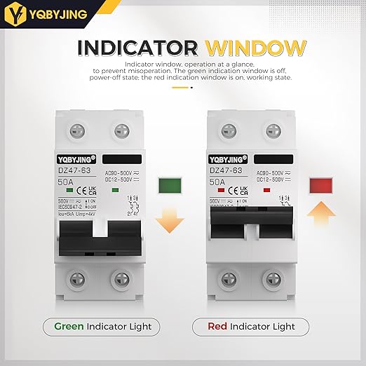 DC Circuit Breaker 50 Amp Solar Panel Disconnect Switch 12V-500V 2 Poles Miniature Solar Circuit Breaker for Outdoor PV Homes Battery, AC 110V DIN Rail MCB