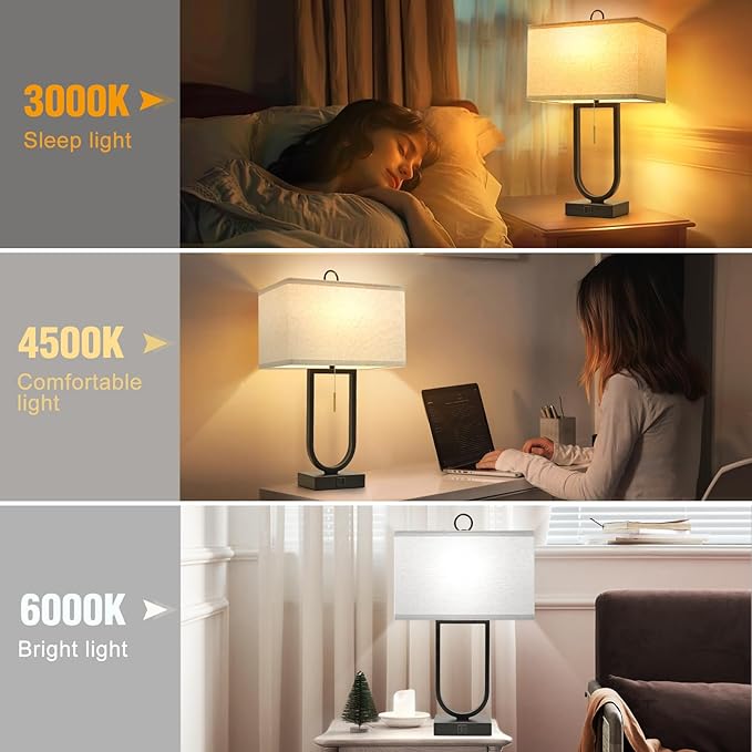 24'' Table Lamps Set of 2 - Desk Lamp & Bedside Lamp, 3-Color Temperature, USB C+A Ports, Modern Nightstand Lamps for Bedroom, Living Room, Home Office, Pull Chain Switch, Includes 2 LED Bulbs