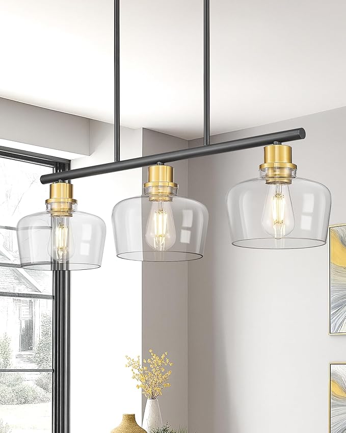 Emak Black and Gold Dining Room Light Fixture, Modern 32 Inch Kitchen Island Lighting with Clear Glass Shade, Farmhouse 3-Light Kitchen Pendant Lighting Over Island, Table, IL122-BKBGD-CG-3