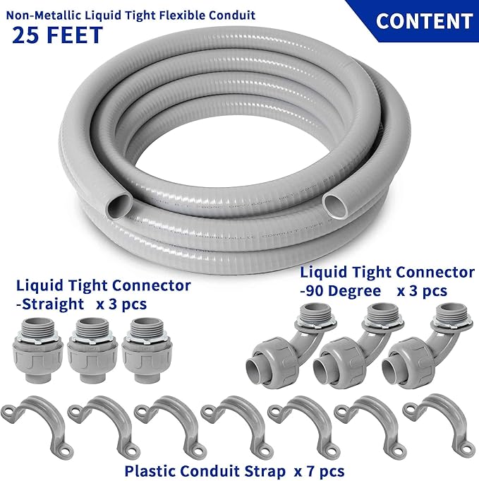 (1 inch Dia * 25 Feet) Yariwiz Flexible Electrical Conduit Liquid Tight PVC Conduit Kit with 3 PCS Coupling, 3 PCS Elbow and 7 PCS Strap, Sealtight Seal Flex Liquidtight Wire Outdoor Non Metallic Grey